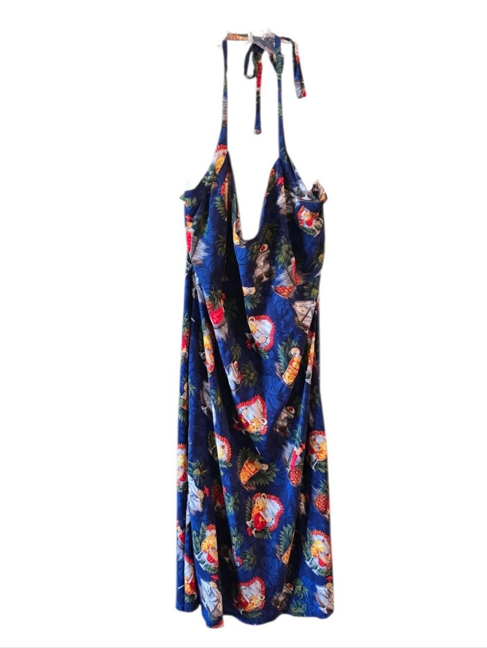💜 HILO HATTIES  2X Women's Hawaiian Print Halter Blue Dress Vacation Beach